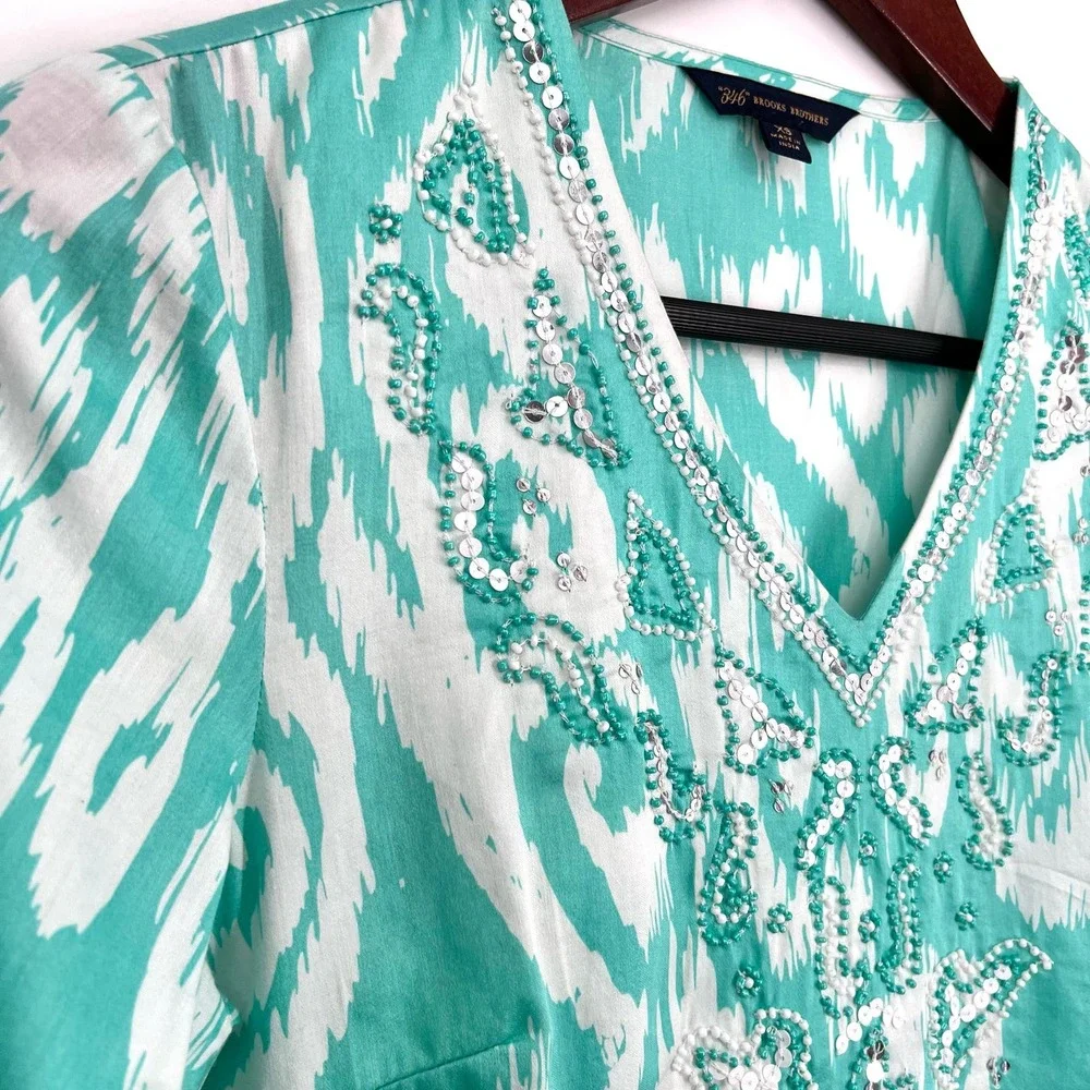 Brooks Brothers 346 Womens Sz XS Teal Green Beaded Tropical Blouse Shirt Top - Picture 5 of 10